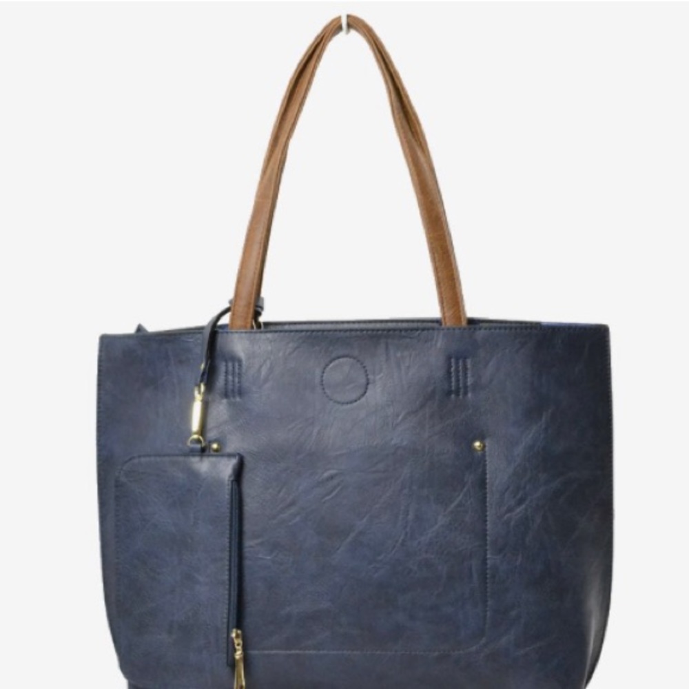 Navy Blue / Brown Tote Bag With Matching Wristlet